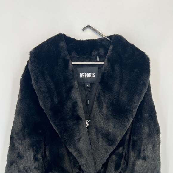 Apparis Bree Faux Fur Very Soft Belted Overcoat In Noir - Picture 1 of 9